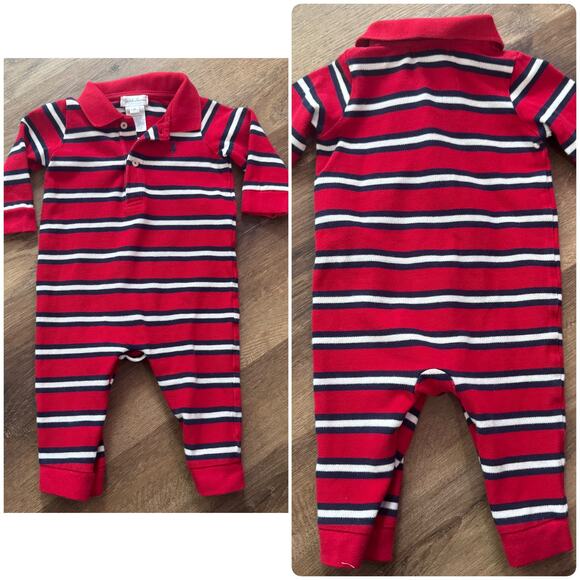 Ralph Lauren Striped One Piece Polo Onesie in Red/Navy/White - Picture 1 of 7